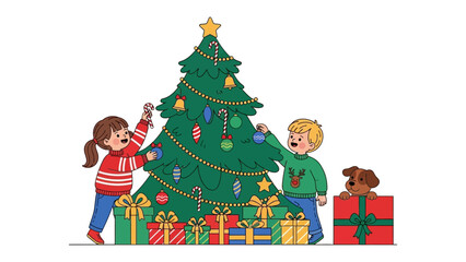 Christmas Decorating:  Joyful children add ornaments to a sparkling Christmas tree, filled with festive cheer and the anticipation of the holiday season.