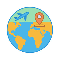 Flat design globe icon with airplane and location pointer