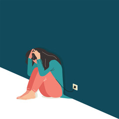 Depressed woman sitting alone beside the electrical outlet vector illustration