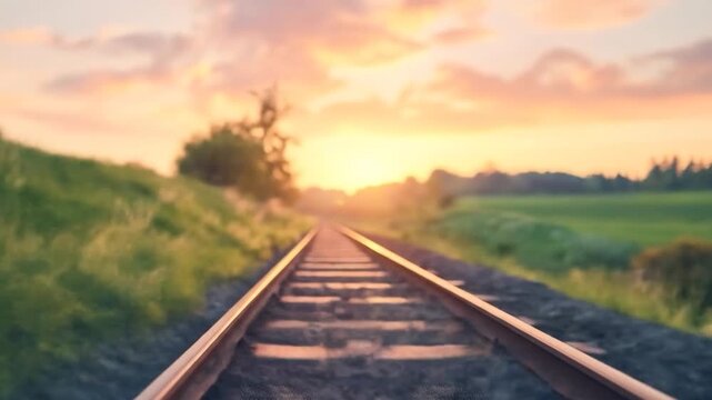 Railway track leading into a warm sunset over a green natural landscape