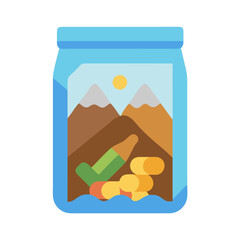 Money jar with check mark and mountain landscape illustration
