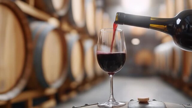 Pouring red wine into a glass in a traditional cellar setting with rows of aging wooden barrels