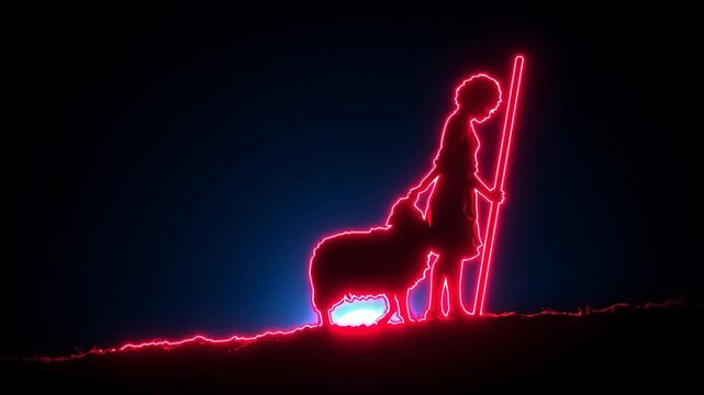Shepherd's Serenade: A radiant neon silhouette of a shepherd and sheep graces a serene, starlit night, embodying guidance and care, with the lamb nestled close.
