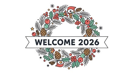 Welcome 2026: A festive wreath composed of seasonal botanical elements, welcoming the arrival of the new year with cheer and elegance.