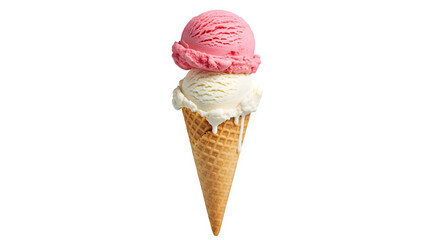A delightful double scoop ice cream cone, , featuring a vibrant pink scoop atop a creamy white one, perfect for a refreshing summer treat and dessert