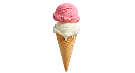 A delightful double scoop ice cream cone, , featuring a vibrant pink scoop atop a creamy white one, perfect for a refreshing summer treat and dessert