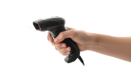 Hand holding a black barcode scanner with a red laser beam