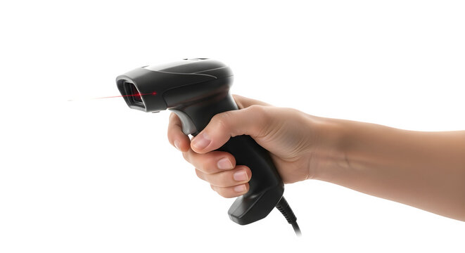 Hand holding a black barcode scanner with a red laser beam