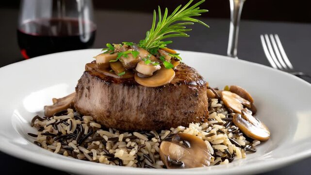 Fine dining plate presenting grilled filet mignon resting on wild rice, accompanied by sauteed mushrooms, rosemary garnish, red wine pairing