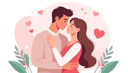 A couple embracing with affection, amidst hearts and foliage on a light pink and white background