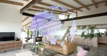 On projector pulse holo globe emerging, rotating, expanding, fragmenting for demo, revealing room - Powered by Adobe