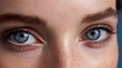 Obraz premium Close-up of a young woman with striking blue eyes and light freckles, showcasing natural beauty and detail.