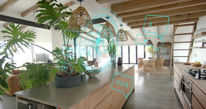 Turquoise emblem fading in, chat bubbles multiplying and drifting, highlighting island and dining