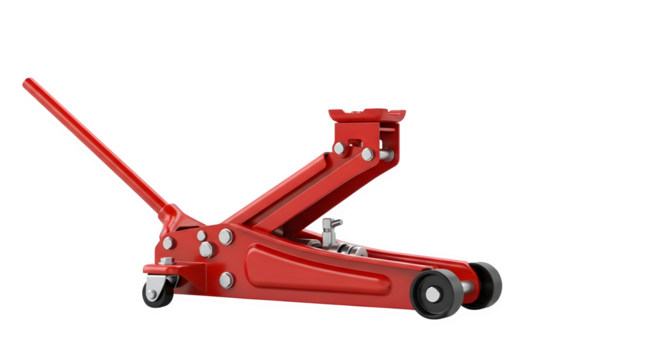 Red hydraulic car jack with handle and wheels