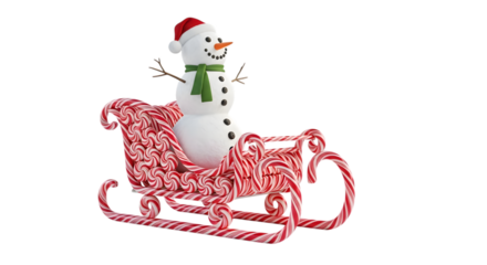 Christmas snowman on candy cane sleigh isolated on transparent background