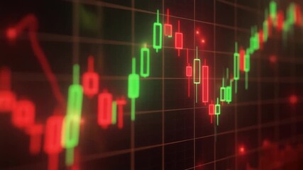 A close-up view of a digital stock market candlestick chart displaying financial data with red and green bars. - Powered by Adobe