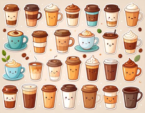 Collection of cartoon coffee cups and mugs, each with different designs, faces, and toppings, forming a cheerful and inviting arrangement