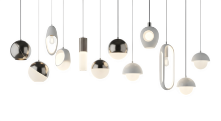 Collection of modern pendant lights with various shapes and finishes