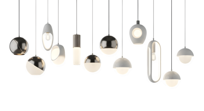 Collection of modern pendant lights with various shapes and finishes - Powered by Adobe