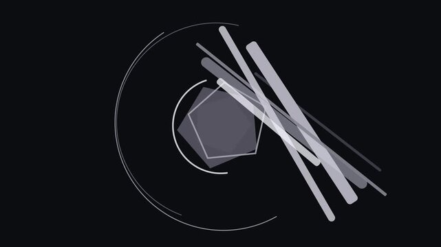 Abstract geometric composition with intersecting lines and a pentagonal shape on a dark background