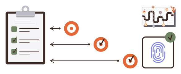 Clipboard checklist, arrows pointing to targets, fingerprint scan for authentication, and roadmap path. Ideal for workflow organization, task management, goal tracking, productivity, process