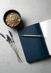 Notebook with lavender and quinoa bowl