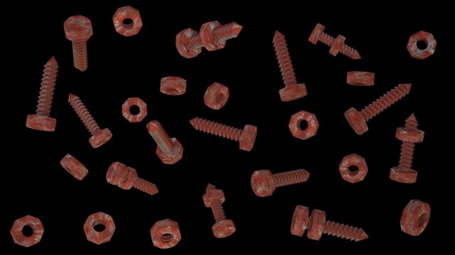 The seamless loop animation of some direction red rusty screws and nuts rotate as individual origins on dark black background created by 3D modeling.
