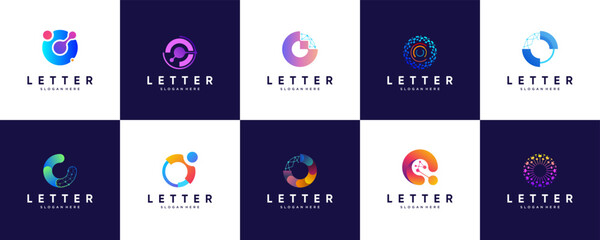 A collection of icons with the letter O shape, smart technology symbols, abstract design logos.