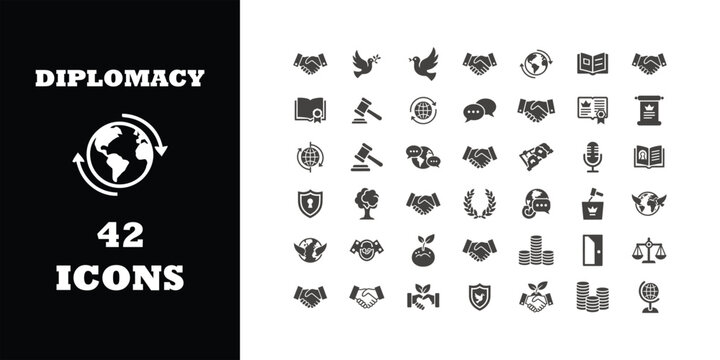Stunning collection of diplomacy icons representing global relations, agreements, and international cooperation for impactful business presentations.