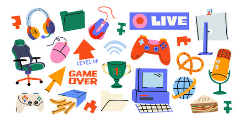 Big vector set of gaming elements. Gamer cartoon stickers, badges, headphones, mouse, microphone, keyboard, chair, joystick. Sports equipment and digital devices for video games, streaming © luamor