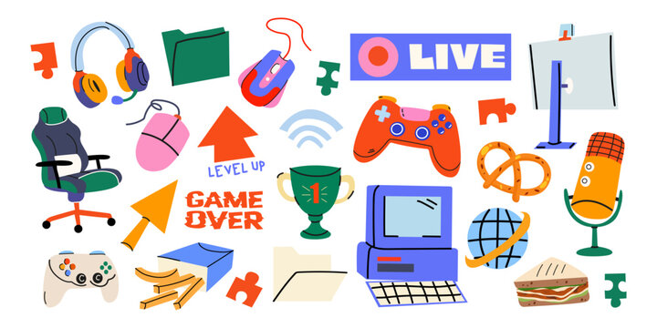 Big vector set of gaming elements. Gamer cartoon stickers, badges, headphones, mouse, microphone, keyboard, chair, joystick. Sports equipment and digital devices for video games, streaming