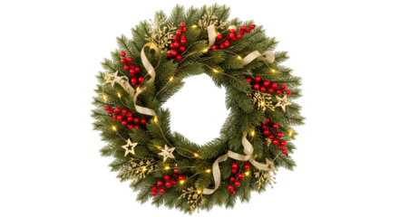 Festive christmas wreath with lights and berries isolated on transparent background