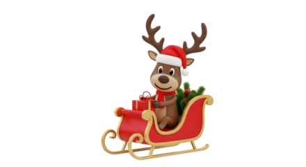 Christmas reindeer in sleigh with gifts isolated on transparent background