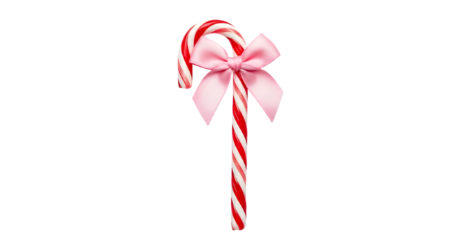 Red and white striped candy cane with pink bow isolated on transparent background