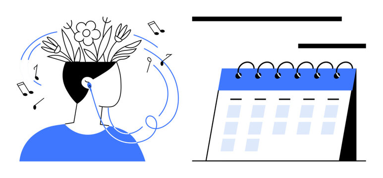 Person with flowers emerging from head listening to music, accompanied by a calendar. Ideal for creativity, focus, self-care, organization, planning, mindfulness, and productivity all in a simple
