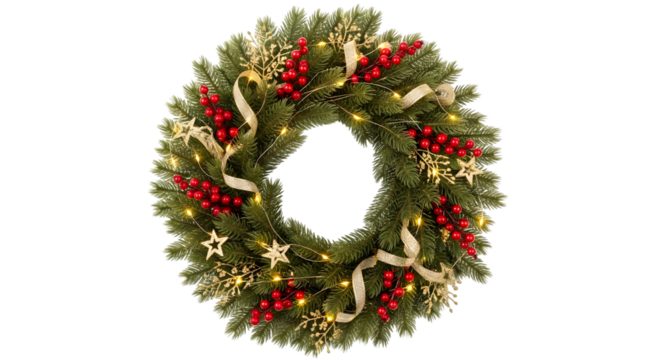 Festive christmas wreath with lights and berries isolated on transparent background - Powered by Adobe