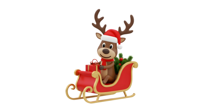 Christmas reindeer in sleigh with gifts isolated on transparent background