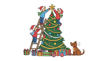 Joyful Christmas Tree Decorating: Amidst the festive season, children adorn a Christmas tree with joyous decorations, creating a cherished scene of holiday preparation.