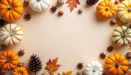 Fototapeta premium Autumn harvest celebration with colorful pumpkins cozy home setting decorative layout festive atmosphere top-down view seasonal vibes