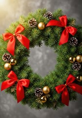 A close-up shot of a classic christmas wreath decorated with red ribbons, green pine needles, and small shiny gold ornaments, celebration, shiny, wooden