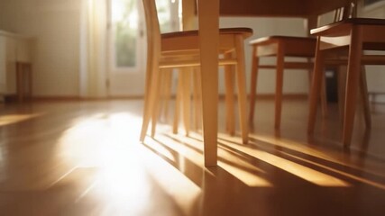 Sunlit wooden floor with chair legs and long shadows in bright room interior - Powered by Adobe