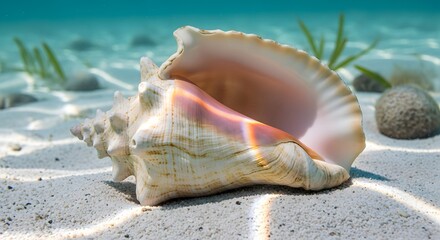 Large pink conch shell resting on sandy ocean floor with sunlight rays