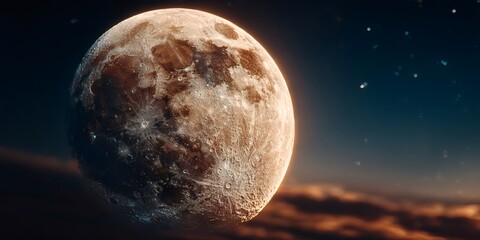 Moon orbiting in dark sky with stars