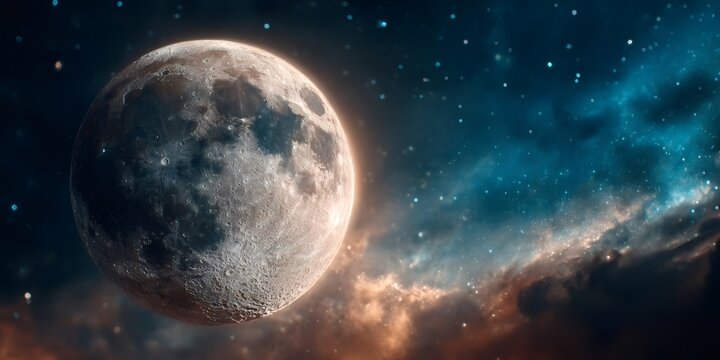 Moon in dark outer space with colorful nebula