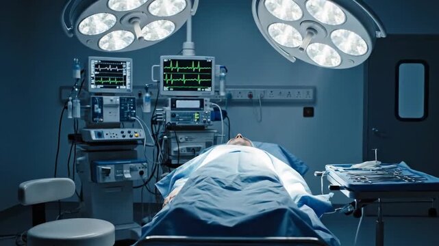 The image shows an operating room. In the center there is an operating table on which the patient lies,