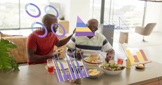 Adult son and Senior dad bumping elbows, sharing meal while animated food charts overlaying plates