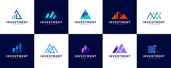 A collection of global economic logos with abstract mountain triangle concepts, investment, passive income, graphic design illustrations.