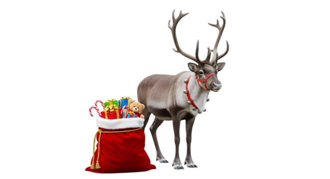 Reindeer and santa s sack of gifts isolated on transparent background