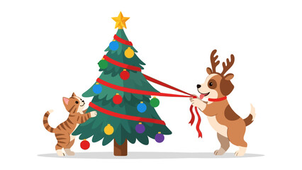 Festive Fun: A charming illustration depicts a playful dog adorned with antlers and a curious kitten collaborating to decorate a Christmas tree, filled with festive cheer and holiday spirit.
