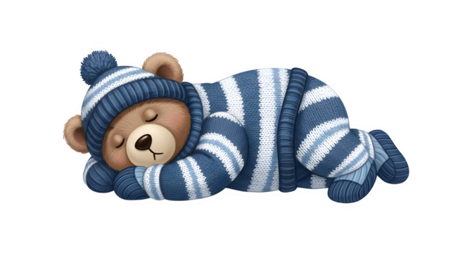 A charming illustration of a sleeping teddy bear, wearing a cozy blue and white striped pajama set and matching hat, perfect for childrens books
